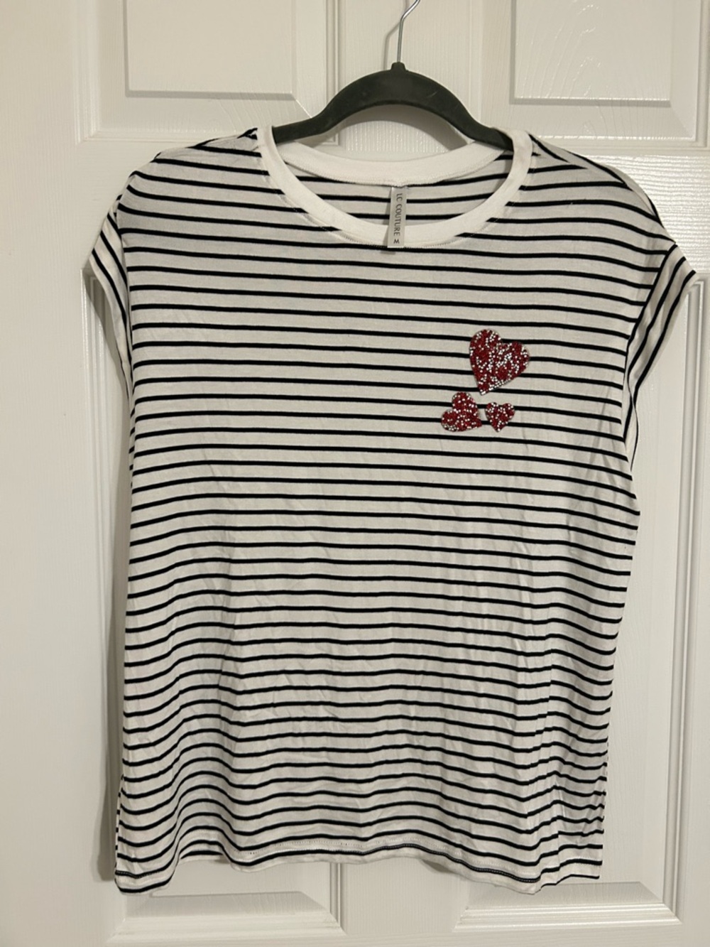 LC Couture Striped Short Sleeve Crew Neck Heart Embellished T-Shirt Size M